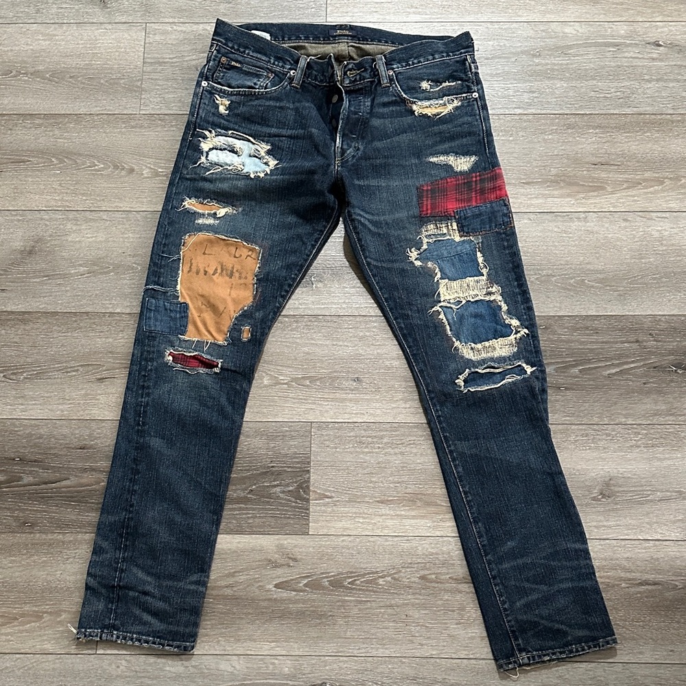 Polo by Ralph Lauren Slim Straight Dark Blue Distressed Patchwork Jeans
